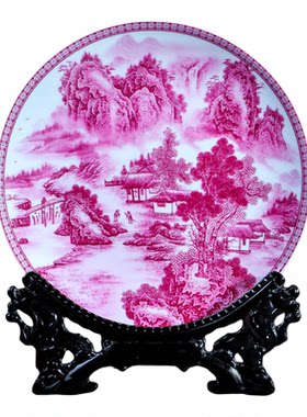 德镇胭脂红山水陶瓷挂盘
