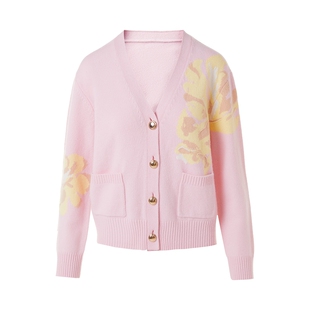 朗姿/LIME莱茵微宽松深V领羊毛针织开衫手工刺绣新年26年春新款