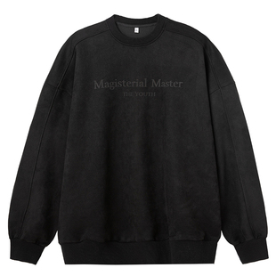 悟空有货潮牌美式字母印花麂皮绒圆领卫衣男宽松潮流情侣打底上衣