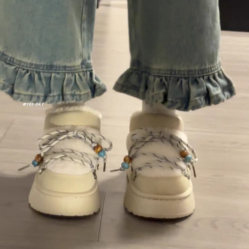 时尚百搭小众绑带短筒雪地靴女2025冬季新款增高厚底加绒保暖棉鞋