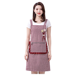 加厚棉布围裙厨房家用做饭防油工作服女上班专用格子背带纯棉围腰