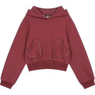 妖精的口袋铆钉连帽加绒卫衣女2025年冬新款新年战袍短款红色上衣