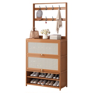 门口透气鞋柜宿舍家用楠竹落地置物柜楼道翻斗鞋架衣帽架一体极简