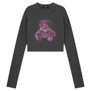WE11DONE女士铆钉小熊长袖T恤修身复古时尚印花上衣