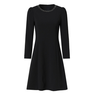 海青蓝 圆领钉钻连衣裙2025年新款高级设计感大方好看长袖中长裙