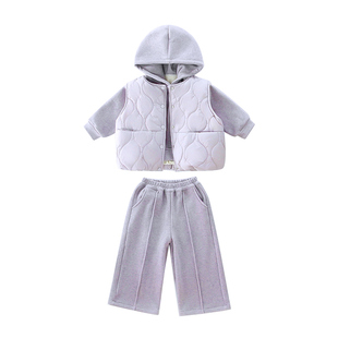小女孩棉服马甲三件套宝宝套装加绒休闲韩版女童洋气卫衣加厚冬装