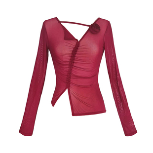 国风大码中国古典舞长袖舞蹈服身韵服集训艺考舞蹈酒红上衣练功服