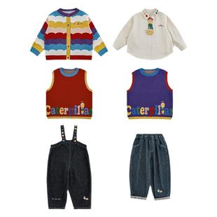 幼悠男童2025新款长袖毛衣衬衫无袖背心宽松牛仔裤彩虹系列套装潮