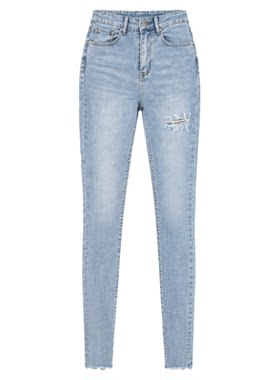 李李家浅蓝破洞高腰小脚牛仔裤女2026秋季新款紧身显瘦弹力铅笔裤