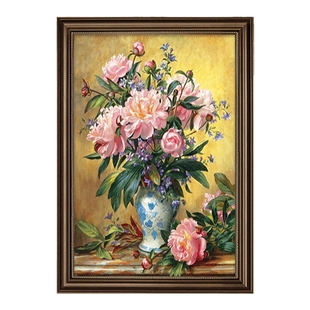 入户玄关装饰画走廊过道壁画美式客厅挂画欧式复古花卉油画牡丹花