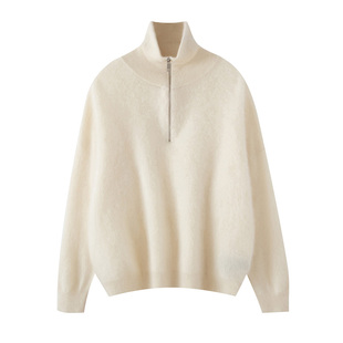 拉绒高领半拉链山羊绒衫女宽松套头针织衫极简风毛衣