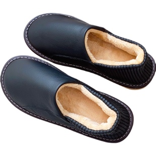 全牛皮面包脚带后跟防水居家冬季棉拖鞋男女室内防滑软底真皮棉鞋
