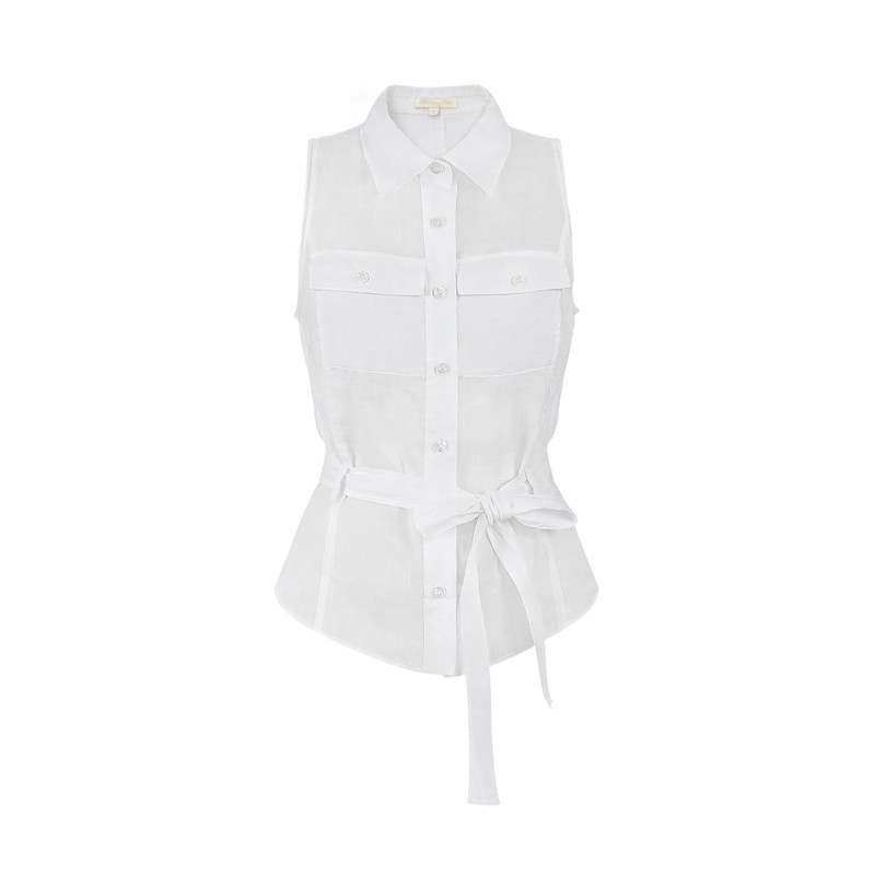 Mummy Cat下蛋喵 26新品100苎麻气质职场通勤收腰绑带无袖衬衫
