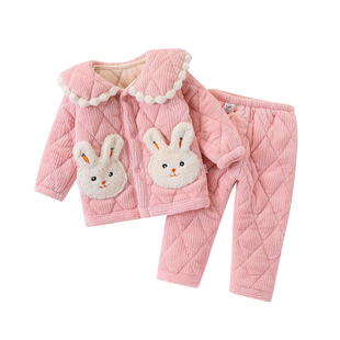 女童三层夹棉家居服套装冬装加厚小儿童宝宝两件套可外穿衣服睡衣