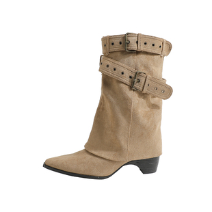 真皮~骄屿皮带扣尖头裤筒靴2025秋冬新款高跟短靴复古显瘦马丁靴