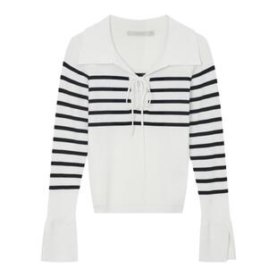 飘蕾条纹喇叭袖针织衫女秋季新款时尚甜美系带领口修身毛衫