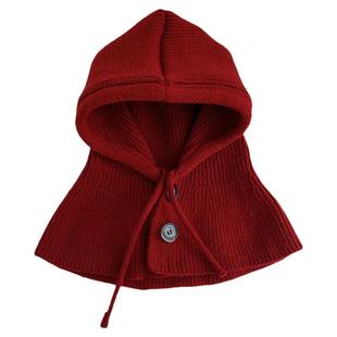 红色针织拉法帽护颈保暖毛线围脖帽子围巾一体帽洋气2025秋冬新款