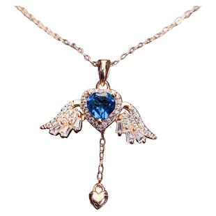 925纯银天使之恋天然托帕石吊坠女6乘6天使翅膀伦敦蓝银饰项链