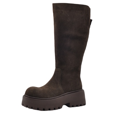 磨砂皮厚底加绒长靴2025新款