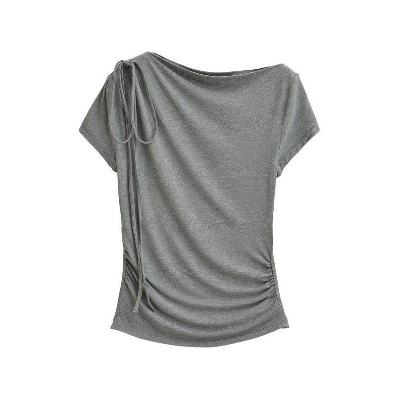 KEYANKETIAN 2628 斜肩短袖t恤女灰色一字领收腰修身露肩上衣tee