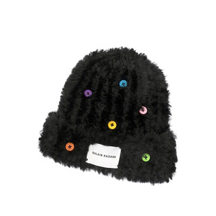 毛毛纽扣帽子白露同款毛绒帽针织帽包头帽女显脸小保暖月子帽冬季