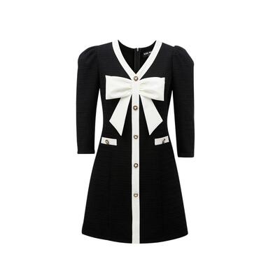 tq区绫致VeroModa连衣裙25夏v领七分泡泡袖蝴蝶结小香风