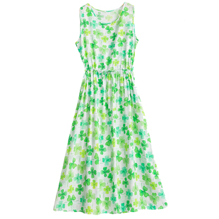 新夏季海边碎花吊带棉绸连衣裙2026女收腰高级感外穿无袖背心长裙