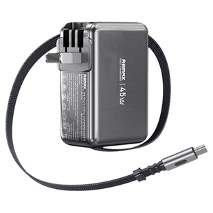 REMAX自带隐藏伸缩线45W氮化镓充电器适用苹果16安卓手机平板笔记本适配器闪充折叠插头USB-C/A一拖三67W墙充