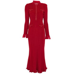 沃格 SP早春新款喜庆红色钉珠V领坑条弹力修身长袖鱼尾针织连衣裙