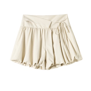 杏色PU皮花苞短裙裤女春秋冬季设计感系带蓬蓬裙小个子A字短裤裙