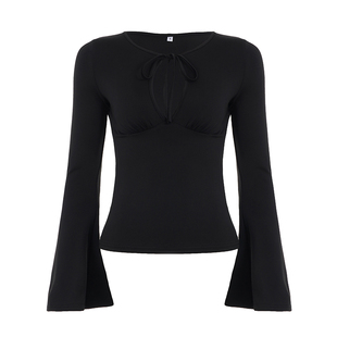 ROCKMORE【美式辣妹】酒红色性感镂空喇叭袖T恤女系带V领褶皱上衣