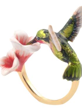 18K镀金手绘珐琅超仙美花朵蜂鸟戒指开口手镯手环女项链锁骨链子