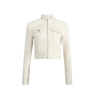 ABMY 天丝美式短款立领正肩夹克女春米色高级感宽松修身休闲外套