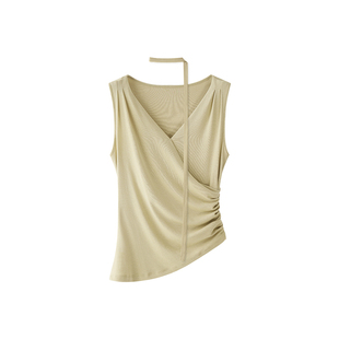 TEASEL「随型赋美」兰精天丝醋酸混纺交叠褶皱V领显瘦飘带上衣