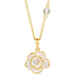 周六福山茶花珍珠项链贝珠S925银新中式耳畔送女友节日礼物