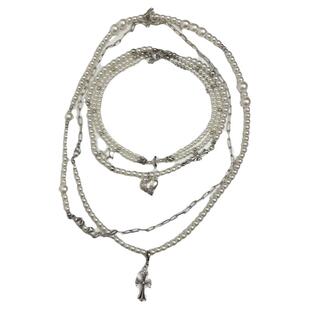 暗黑风多层叠戴珍珠项链女长款毛衣链辣妹高级感爱心十字架锁骨链