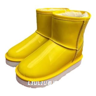 糖果色黄色漆皮防水隐形内增高7CM雪地靴女鹅黄短筒靴防滑加绒保