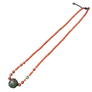 包浆南红雕刻锦鲤鱼戏莲叶鸿运当头珠配18K金镶碧玉项链颈首饰品