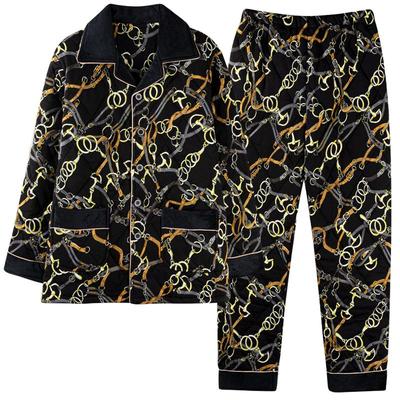 圆人睡衣男秋冬加厚纯棉夹棉套装