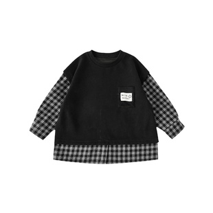 幼悠童装男童卫衣格子拼接春秋2025新款贴标口袋落肩休闲儿童上衣