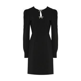 DPLAY2025秋季新款黑色连衣裙女小黑裙气质法式收腰短款裙子长袖