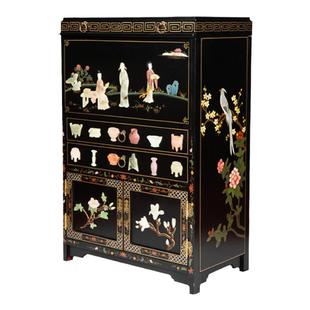 扬州漆器厂新中式雕刻家具客厅新古典手工骨石花鸟酒柜玄关储物柜