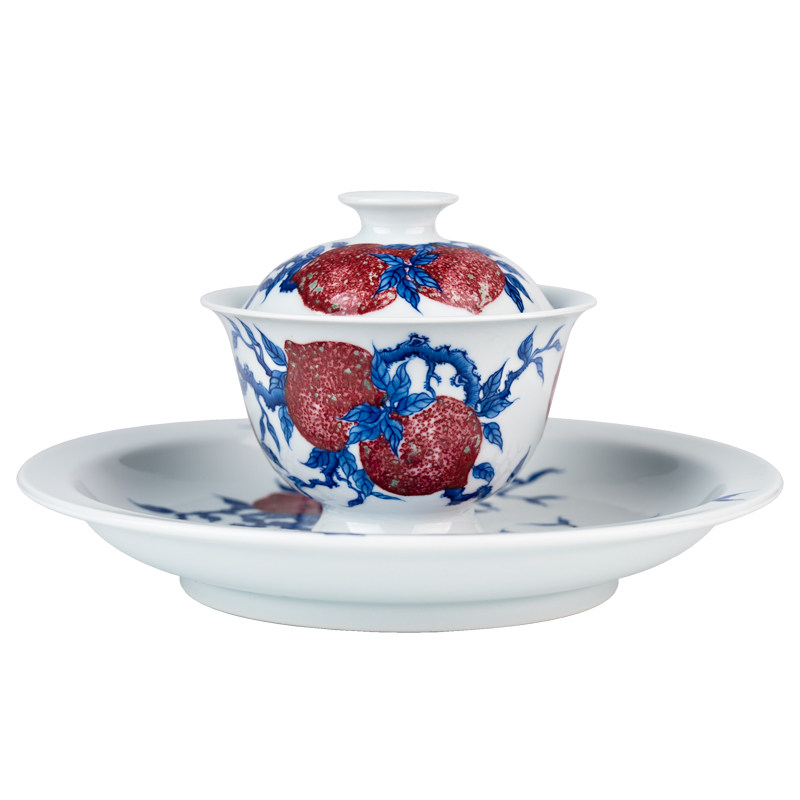 圣山手绘青花釉里红《红桃献福》陶瓷茶具景德镇手工泡茶盖碗茶杯
