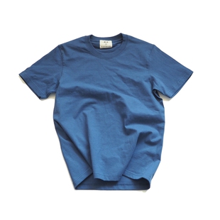 过载商店夏季古典蓝纯棉小领口圆领重磅短袖桶织男女基础款T恤