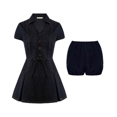 PoloV领牛仔系带收腰A字连衣裙