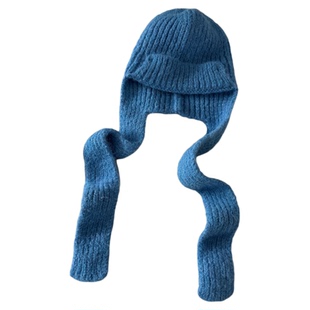 高圆圆同款蓝色护耳针织帽子女韩系冬季保暖百搭显脸小包头毛线帽