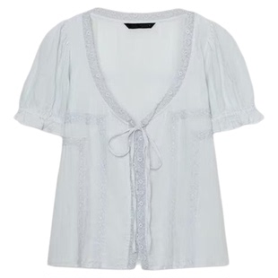 ZA外贸出口女装罩衫式系带装饰休闲风刺绣薄纱衬衫 0881013 423