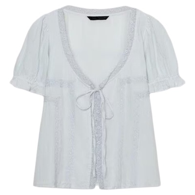 系带装饰休闲风刺绣薄纱衬衫