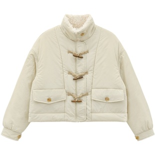 花吉B606杏仁色可爱牛角扣羊羔毛领短款棉服女2025新款秋冬棉衣