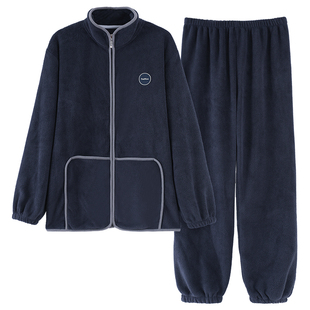 浪莎珊瑚绒男士睡衣冬季加绒加厚可外穿拉链款家居服男款大码套装